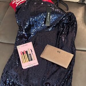 Nwt Allegra K Navy Sequin Dress Lancôme set lip mascara gold wallet